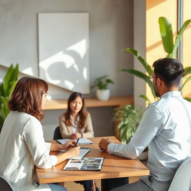 Real estate consultant meeting with a client at a table with a notebook and property photos