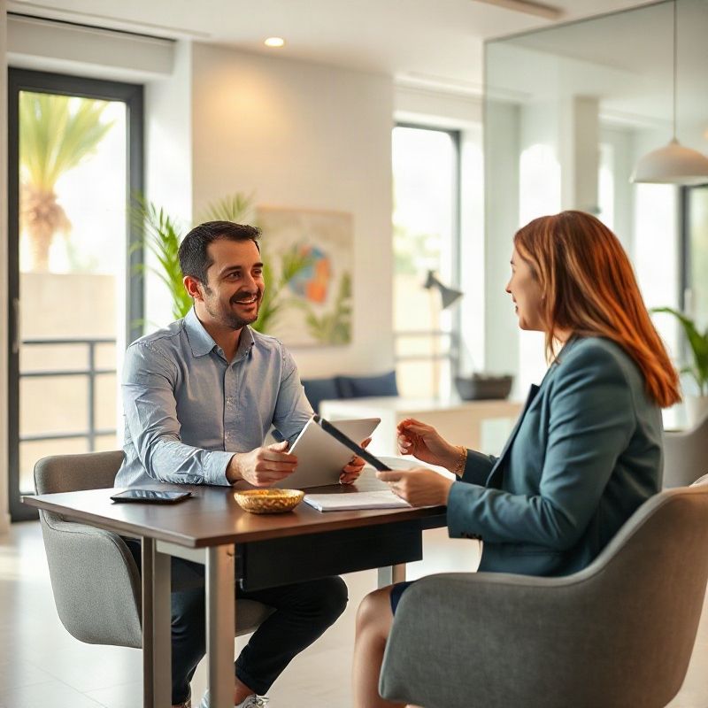 Real estate agent discussing property options with a client on a tablet